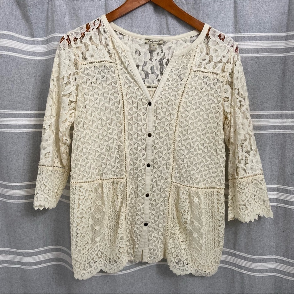 LUCKY BRAND / Cream Lace Front 3/4 Sleeve Blouse Size S